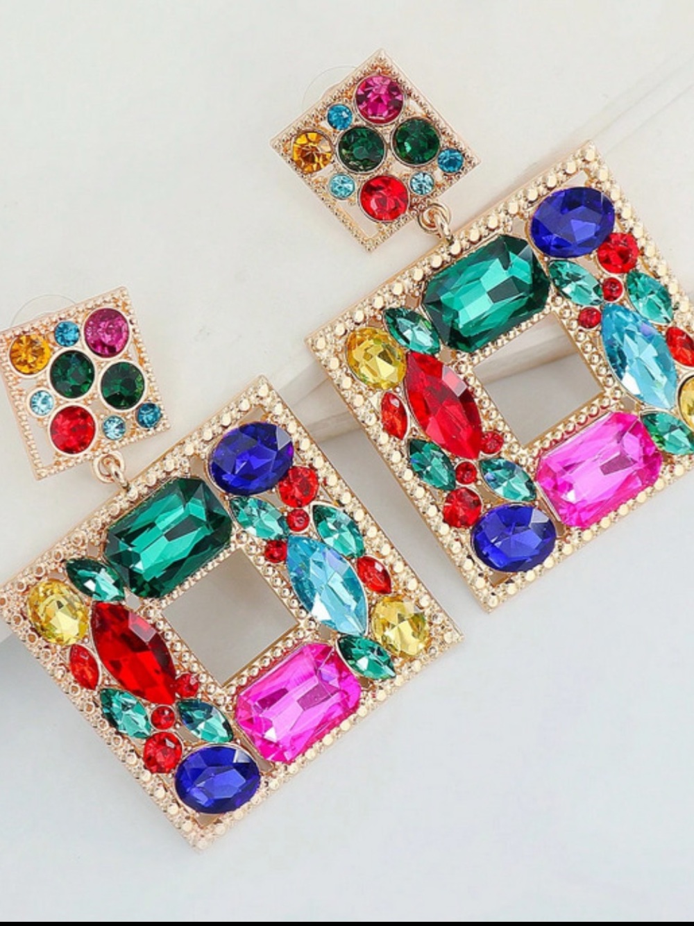 Retro Chunky Statement Jeweled Colorful Crystals Square Dangle Earrings